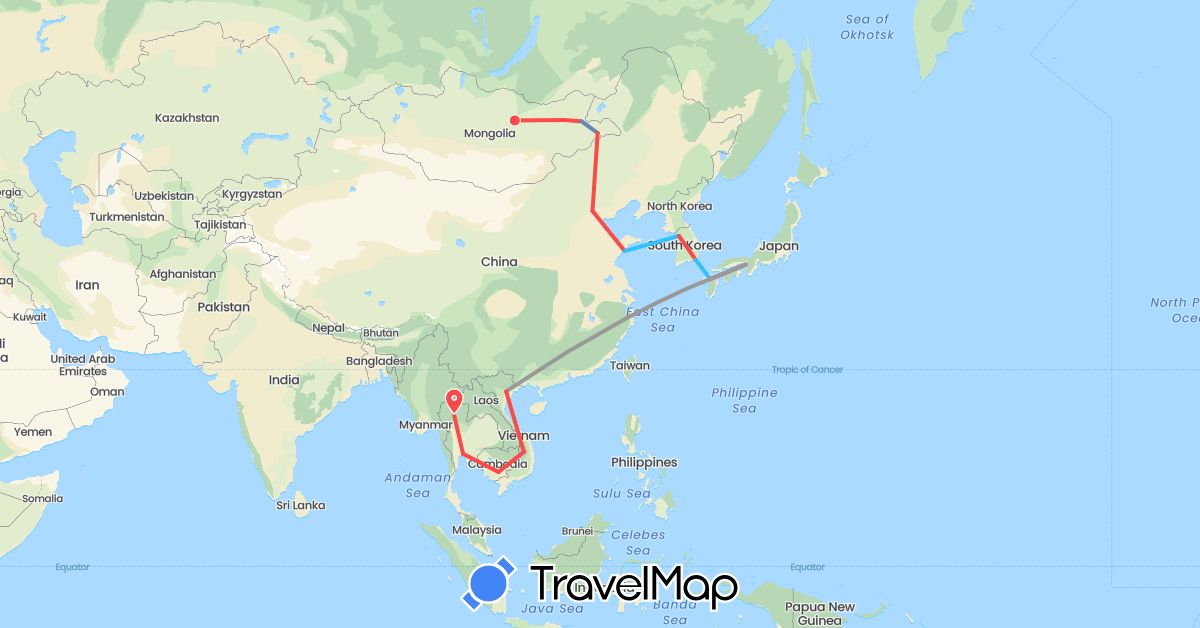 TravelMap itinerary: driving, plane, cycling, hiking, boat in Cambodia, Mongolia, Thailand (Asia)
